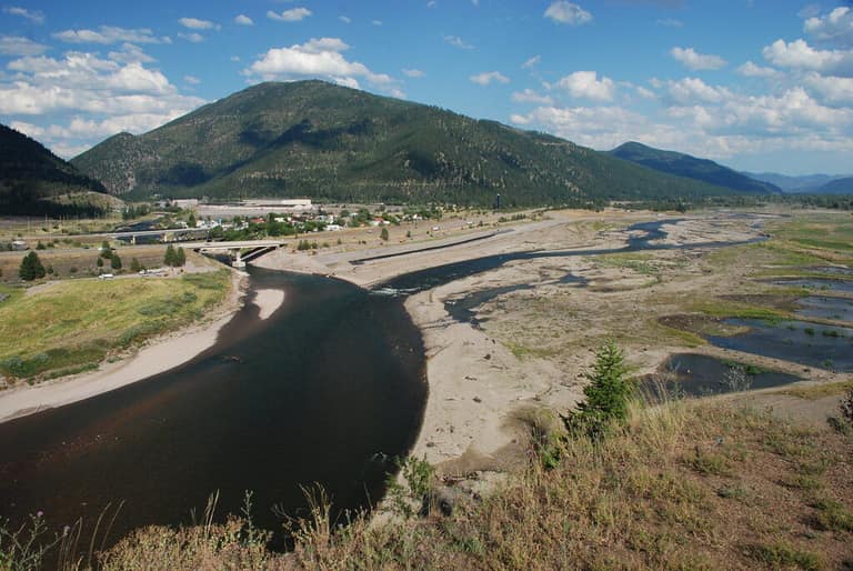 The Clark Fork River winding below the mountains at Milltown