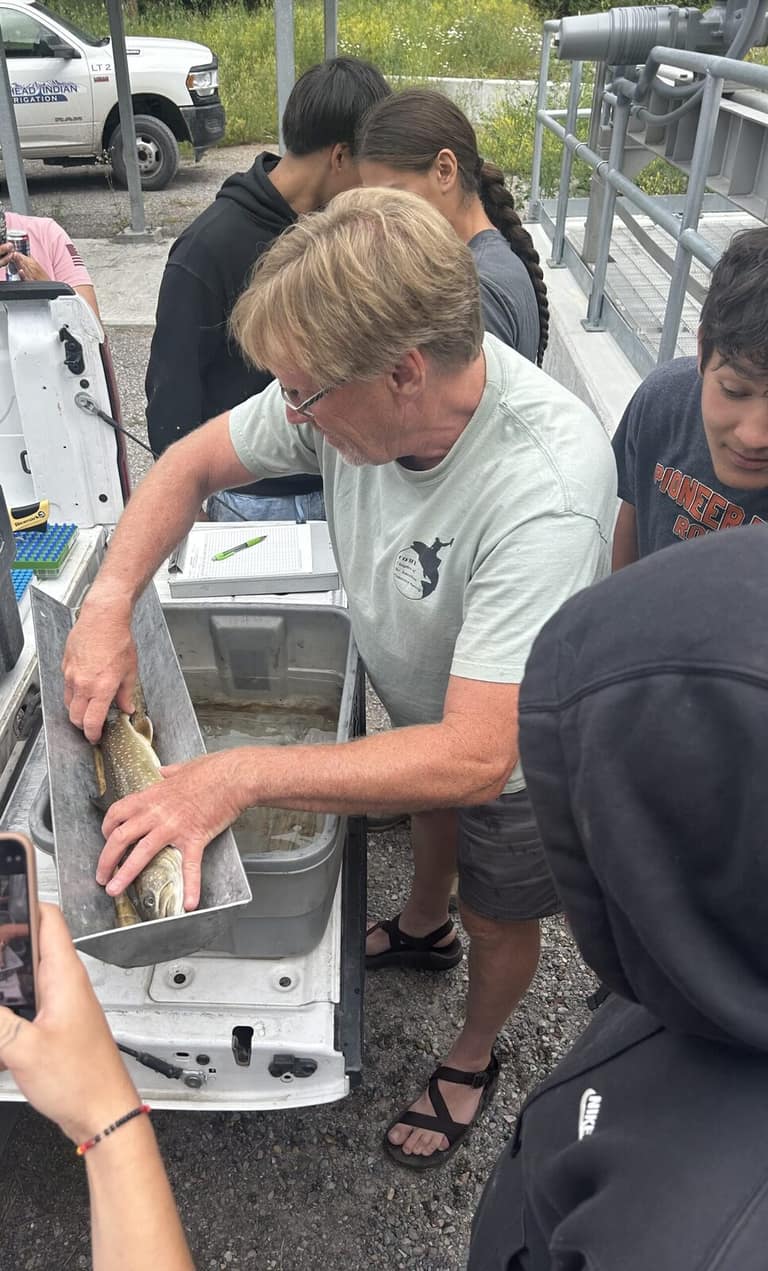A student examines a fish screen sample with DEWR staff