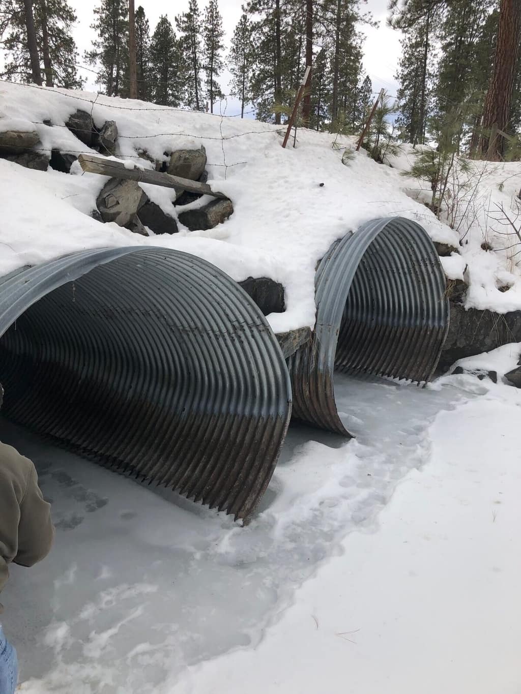 Twin culverts under Mollman Pass Trail in winter